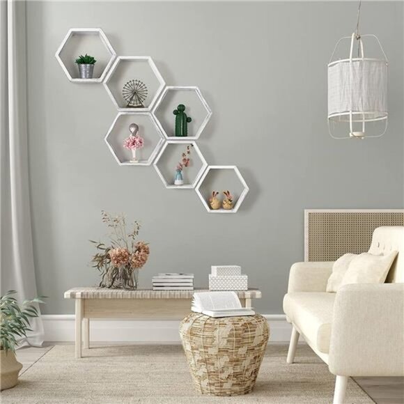 Hexagonal Floating Shelves Wall Mounted Set of 3 Wood Farmhouse Storage - Picture 3 of 5